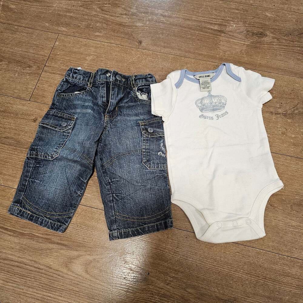 Guess Jeans Baby Boy 6-9M Denim Cargo Jeans & Bodysuit 2 Piece Outfit